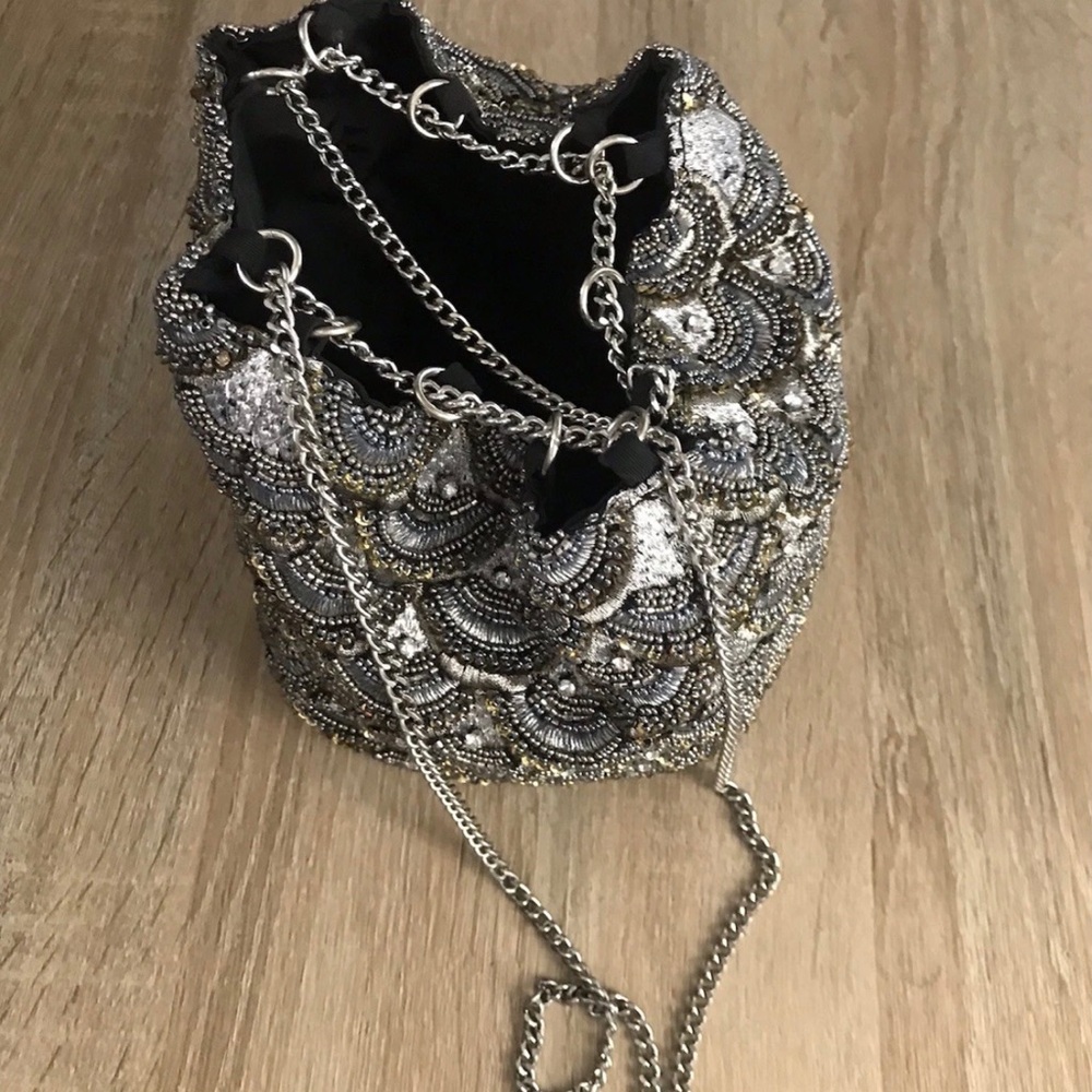 ZARA Purse 20s Beaded Shiny Sequins Gray Silk Vintage Inspired Gatsby Style Bag